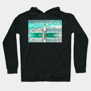 "Frankfort Lighthouse Reflections - Teal" - Fluid Art Hoodie